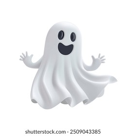 Halloween cute ghost 3d vector render. Flying cartoon character scary smile face. White sheet party costume png render. Funny boo illustration, plasticine spirit phantom, groovy poltergeist hug hands.