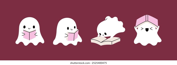 Dia das Bruxas Fantasma Fantasma bonito Rosa Conjunto Vetor Ilustração em Estilo Plano