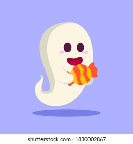 Halloween Cute Ghost Carrying Big Candy Illustration