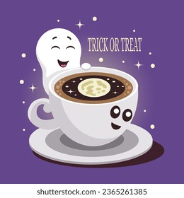 Halloween cute ghost cartoon style kawaii plays with a cup of coffee or tea on dark background. Greeting card design, invitation template. Isolated baby shower party design element.
