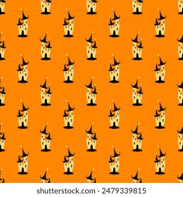 Halloween lindo castillo fantasma sin patrón. Vector de dibujos animados negro y amarillo oscuro castillo sobre fondo naranja. Lindo estampado de Halloween para envoltura, tela, decoración, textil.