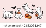 Halloween cute ghost cat with jack o lanterns vector illustration. Funny sheet ghost cats with bats and pumpkins.
