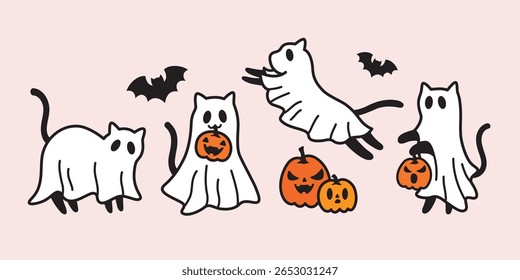 Halloween gato fantasma bonito com jack o lanternas ilustração vetor. Engraçado lençol gatos fantasmas com morcegos e abóboras.