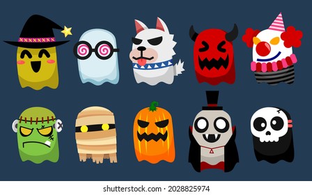 Halloween cute ghost character cartoon set. Witch werewolf devil clown frankenstein mummy pumpkin vampire skeleton. Vector illustration isolated.