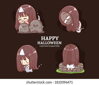 Halloween cute ghost character collection. Cartoon logo illustration set. Premium Vector