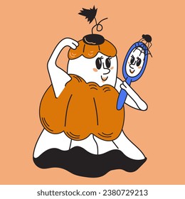 Halloween cute ghost character going to party wearing pumpkin costume. Adorable comic Halloween ghost character, flat vector illustration isolated.