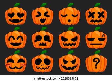 Halloween cute ghost character set. Pumpkin jack o lanterns cartoon. Emotion pumpkin carving. Vector illustration isolated.