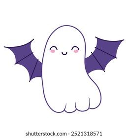 Fantasma lindo de Halloween en diseño plano. Espíritu divertido con alas de murciélago vampiro. Ilustración vectorial aislada.