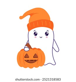 Halloween cute ghost in flat design. Funny spirit in orange hat and pumpkin. Vector illustration isolated.