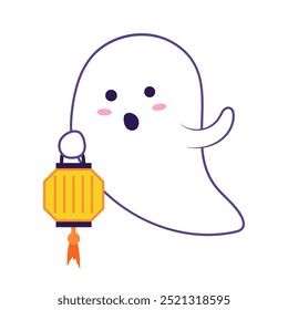 Halloween cute ghost in flat design. Spooky spirit holding lantern. Vector illustration isolated.