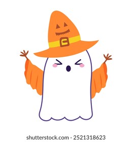 Halloween cute ghost in flat design. Spooky spirit in witch hat scaring. Vector illustration isolated.