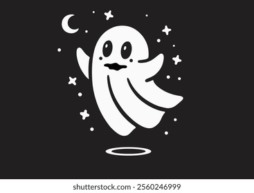 Halloween cute ghost. Flying cartoon character scary smile face. White sheet party costume. Funny vector illustration, sticker, poster, logotype, symbol. Vector icon for holiday apps and websites