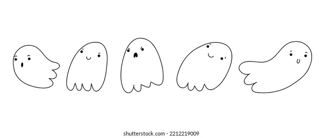 Halloween cute ghost house in sketch style. Doodle little ghost. funny smiling samhain ghosts set, spirit and sweets on white background. trick or treat stock cartoon image.