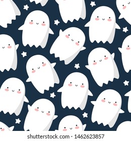 Halloween cute ghost pattern, seamless background, holidays cute ghost cartoon character, halloween cute icon flying ghost logo, vector illustration