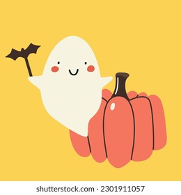 Halloween cute ghost and pumpkin. Vector hand drawn illustration. 