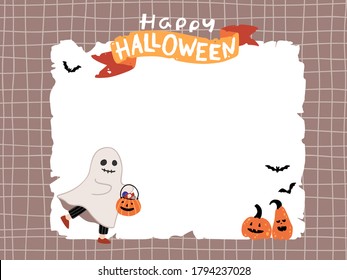 Halloween cute ghost with pumpkins on template background. Kids costume party. Vector childish illustration of magic character with elements in simple cartoon hand-drawn style. Lettering.