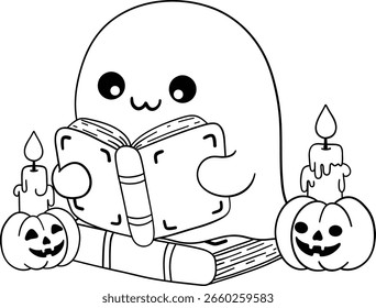 Halloween lindo fantasma leyendo un libro por la luz de la vela en estilo de dibujos animados de contorno, perfecto para los niños de otoño para colorear páginas