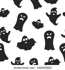 Halloween cute ghost seamless pattern. Scary haunted house phantoms. Funny cartoon boos background. October night party decoration.