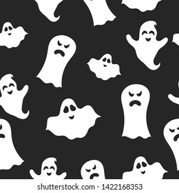 Halloween cute ghost seamless pattern. Scary phantoms. Funny cartoon boos background. October night party decoration.