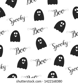 Halloween cute ghost seamless pattern with boo and spooky quotes. Scary phantoms. Funny cartoon boos background. October night party decoration.