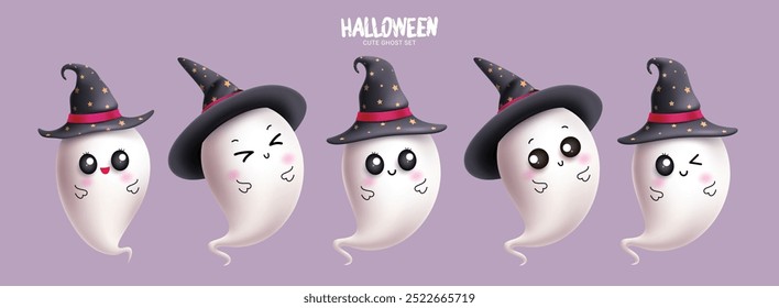 Halloween cute ghost set vector design. Cute ghost character wearing black witch hat elements with funny and cute facial expressions isolated in simple background. Vector illustration spooky ghost 