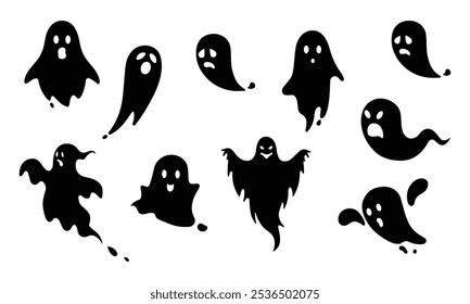 Halloween cute ghost silhouette in black and white color. Ghosts silhouette. Halloween spooky flying mysterious phantoms, ghosted night shadows.