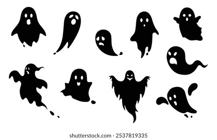 Halloween cute ghost silhouette in black and white color. Ghost silhouette. Halloween spooky flying mysterious phantoms, ghosted night shadows.