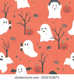 Halloween cute ghost spider pumpkin seamless pattern vector illustration