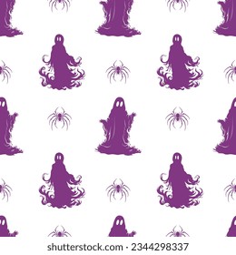 Halloween cute ghost and spider silhouette seamless pattern. Autumn vector illusration.