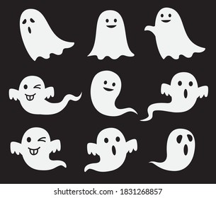 Halloween cute ghost spook horror vector set.