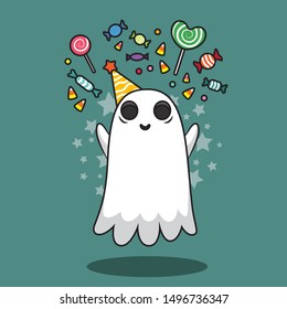 Halloween cute ghost with sweet candies and stars vector