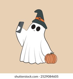 Fantasma bonito Halloween tirar uma selfie, Um fantasma e abóbora em férias, vetor de design plano para Halloween

