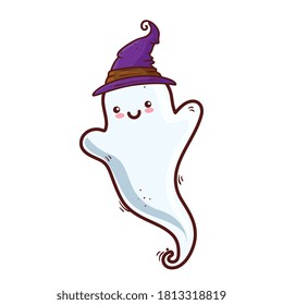 halloween, cute ghost using hat witch in white background vector illustration design