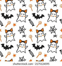 Halloween Cute Ghost Vector Seamless Pattern Texture. Newborn Hand drawn design for baby clothes, nursery textile, kids tee shirt, wrapping paper. Halloween printable print, vintage repeat background