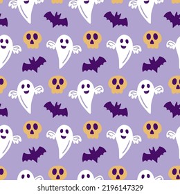 Halloween Cute Ghost Vector Seamless Pattern Texture. Hand drawn design for baby clothes, nursery textile, packaging, kids decor, wrapping paper. Halloween printable print, vintage repeat background