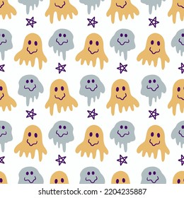 Halloween Cute Ghost Vector Seamless Pattern Texture. Hand drawn design for baby clothes, nursery textile, packaging, kids decor, wrapping paper. Halloween printable print, vintage repeat background