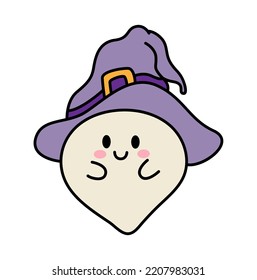 Halloween cute ghost with witch hat. Kawaii face. Vector design on isolated background. Cartoon style. For print and web.