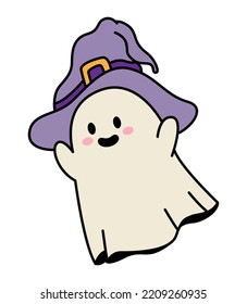 Halloween cute ghost with witch hat. Kawaii face. Vector design on isolated background. Cartoon style. For print and web.