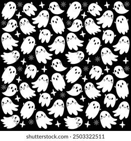 Halloween cute ghosts illustration pattern in black and white color