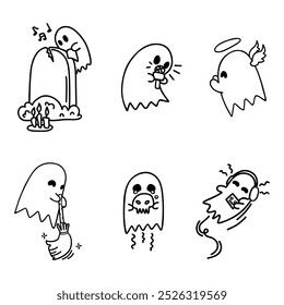 Halloween cute ghosts lineart character set. Cartoon vector hand-drawn illustration pack