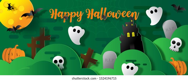 Halloween cute ghosts party in a graveyard scene with green clouds. Happy Halloween greeting card in paper cut style and web banner design and green background. 