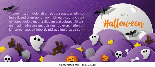 Halloween cute ghosts party in a graveyard scene with violet clouds and giant moon, example texts in paper cut style and web banner design on violet and paper pattern background.