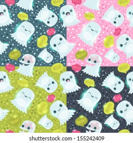 Halloween cute ghosts seamless pattern set
