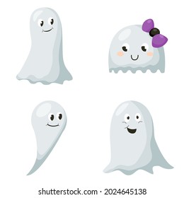Halloween cute ghosts set. Cartoon adorable characters. Flat vector illustration isolated on white background. 