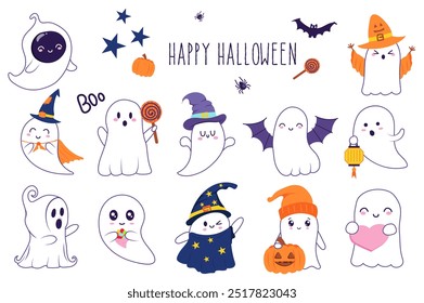 Los fantasmas lindos de Halloween ponen Elementos en Diseño gráfico plano. Paquete objetos de espíritus divertidos espeluznantes en máscaras, sombreros de bruja o mago, alas de murciélago, sosteniendo caramelos, calabaza o linterna. Ilustración vectorial.