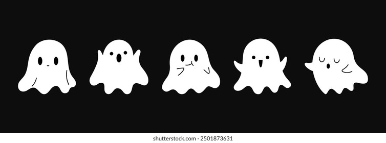 Halloween Cute Ghosts Set Vector Illustration on Black Background in Flat Style