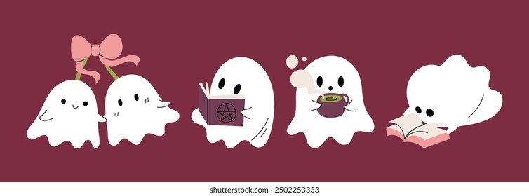 Halloween Cute Ghosts Set Vector Illustration in Various Activities with Tea, Book, and Cherry Tree with Ribbon in Flat Style