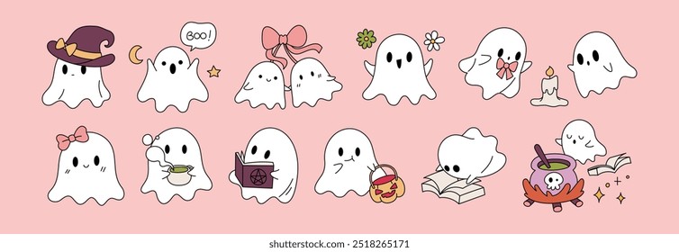 Halloween Fantasmas Bonitos Definir Ilustração Vetorial em Várias Atividades com Chá, Livro e Cerejeira Árvore com Fita em Estilo Plano Groovy	