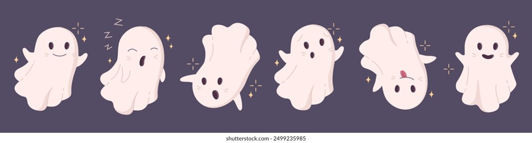 Halloween cute ghosts with smiling faces. Vector isolated poltergeists with sleepy and glad expression. Surprised or emotional flying spirit, floating character with glowing stars decor