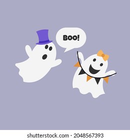 Halloween cute ghosts. Text Boo! Greeting card. Flat design. Vector illustration